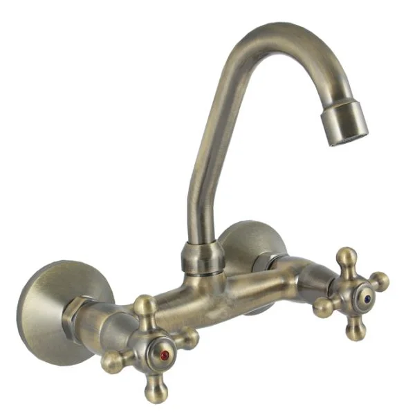 Ottoman antique brass wall-mount mixer tap CMx-005 gooseneck spout cross handle – main view