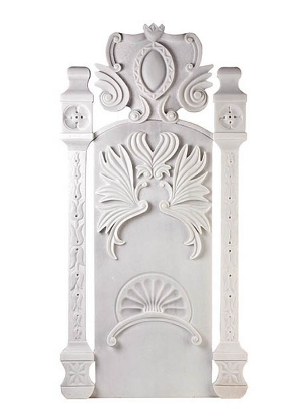 Marble wall panel AFHKU-334 — CNC-carved 3D relief geometric design blending contemporary and classical motifs — 80×180 cm — hotel hammam spa