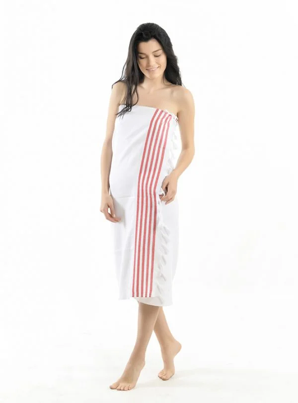 Turkish peshtemal towel white with five red stripes 100% cotton hammam towel wholesale