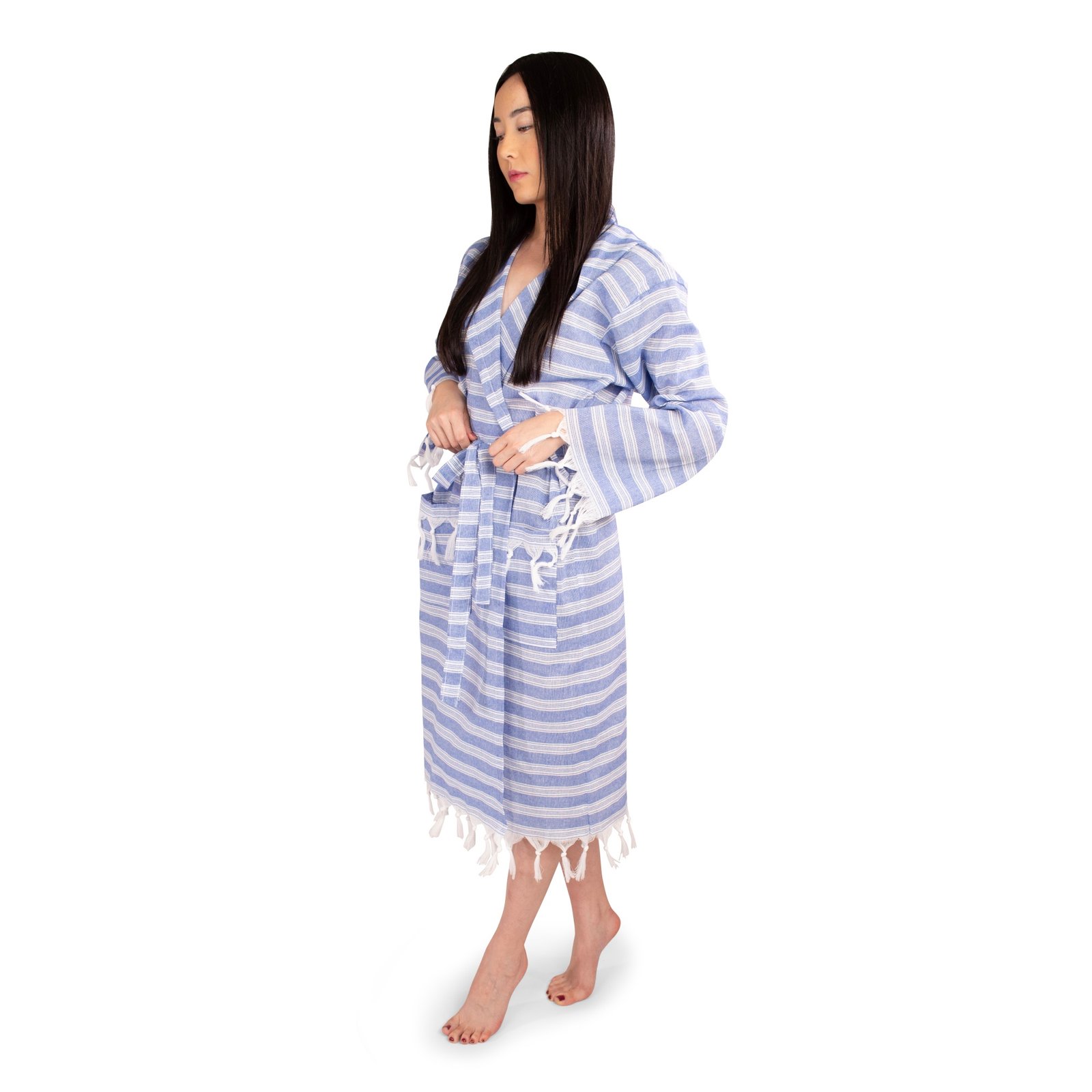 Turkish Peshtemal Bathrobe Sarayli Pattern PLB010 Blue – Front View