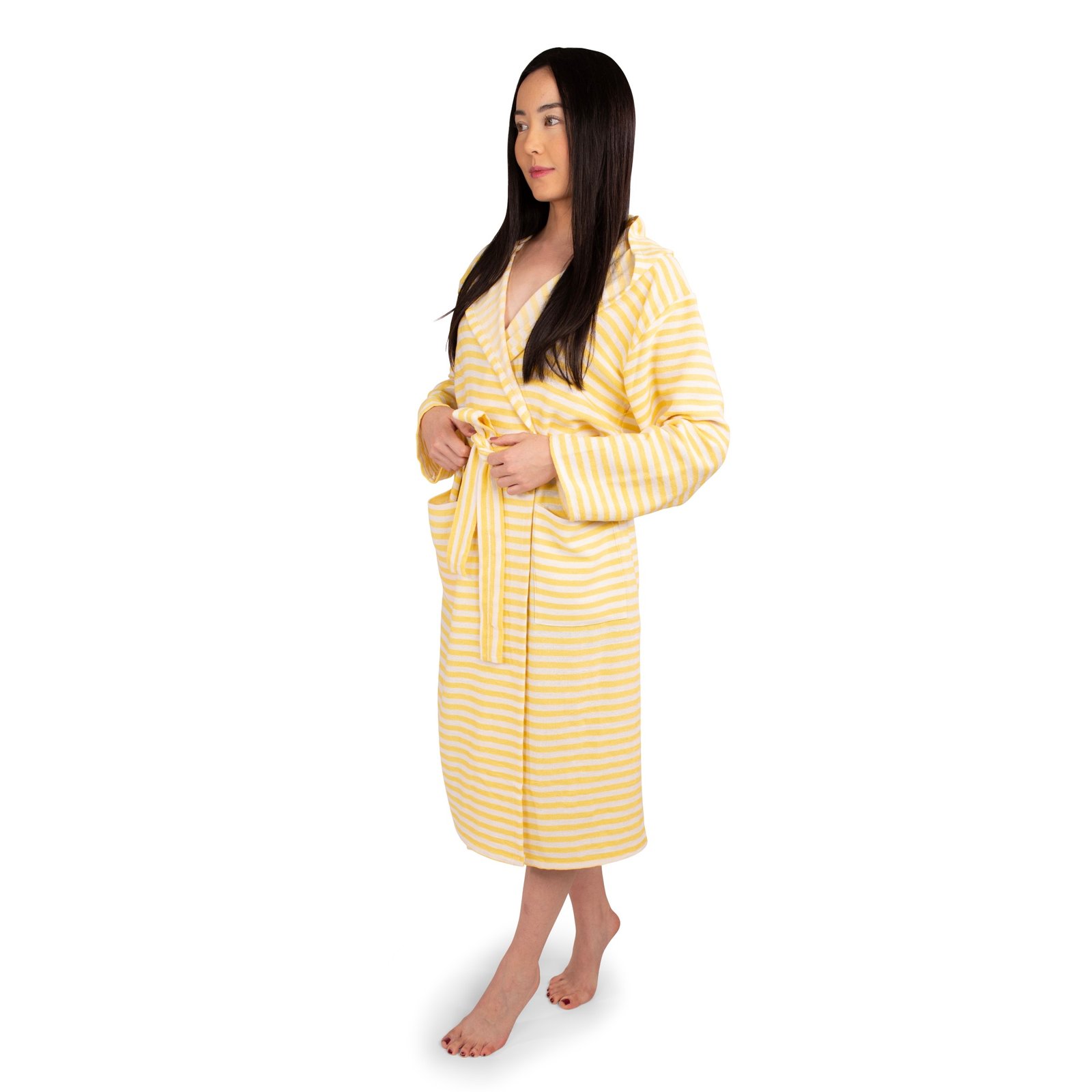 Turkish Peshtemal Bathrobe Striped Yollu PLB011 Yellow – Front View Quick-Dry Flat Weave